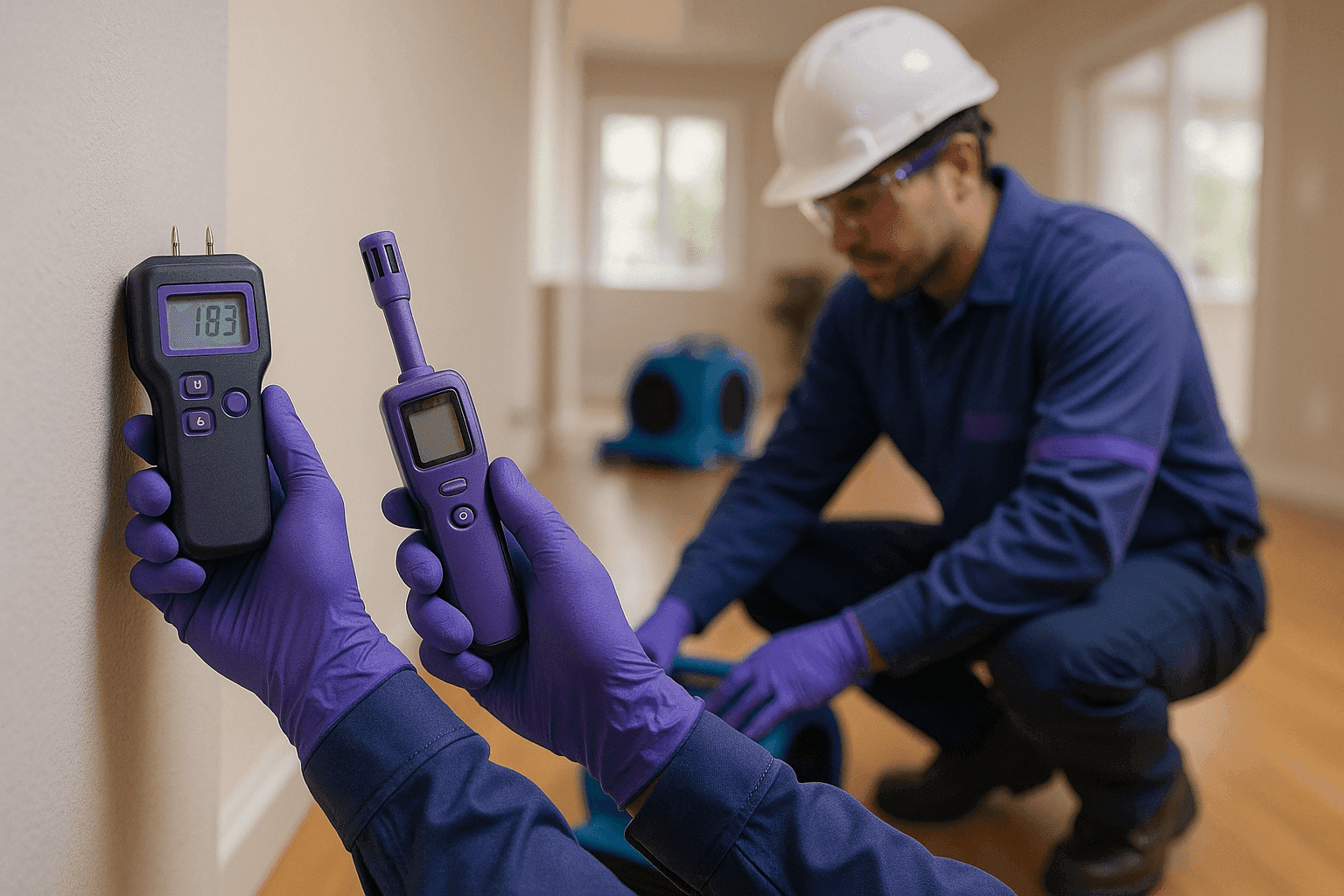 Water damage restoration technician using moisture detection tools in a clean residential interior